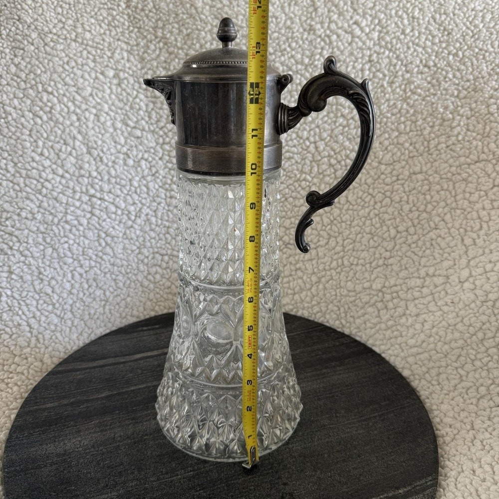 Vintage Crystal Glass Pitcher Silver Plate Carafe With Ornate Handle Chiller 14" - Picture 5 of 5